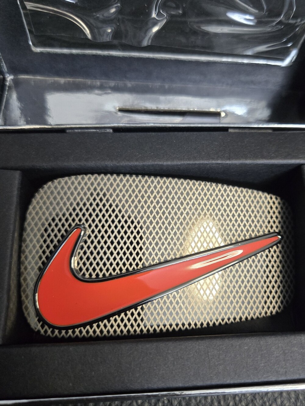 Nike Red Swoosh Metal Belt Buckle with Textured Backing